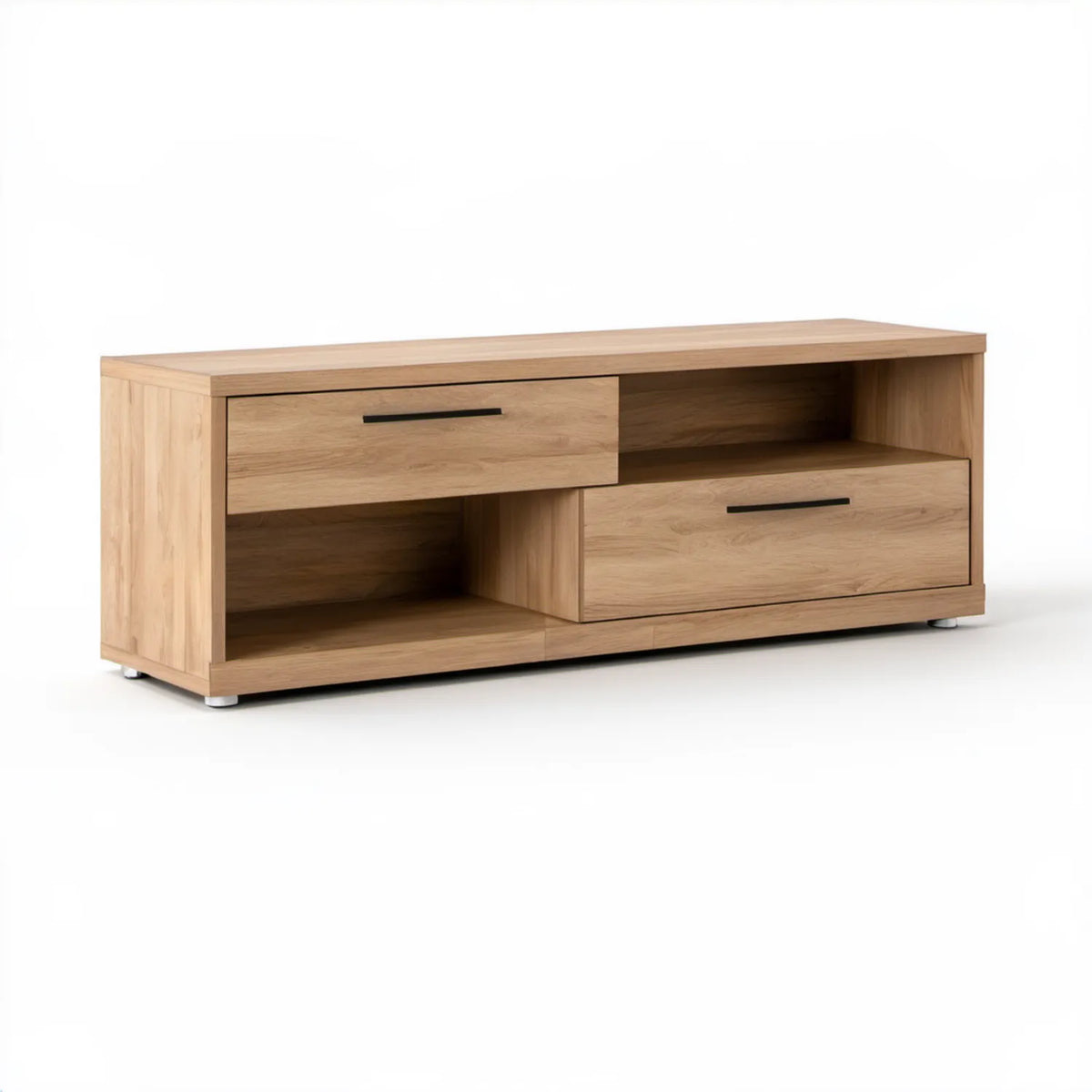 Szafka RTV 140 x 40 x 50 cm w kolorze dębu naturalnego z czarnymi uchwytami