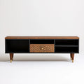 Szafka RTV czarno-orzechowo-złota 140 × 40 × 55 cm z litego drewna i MDF