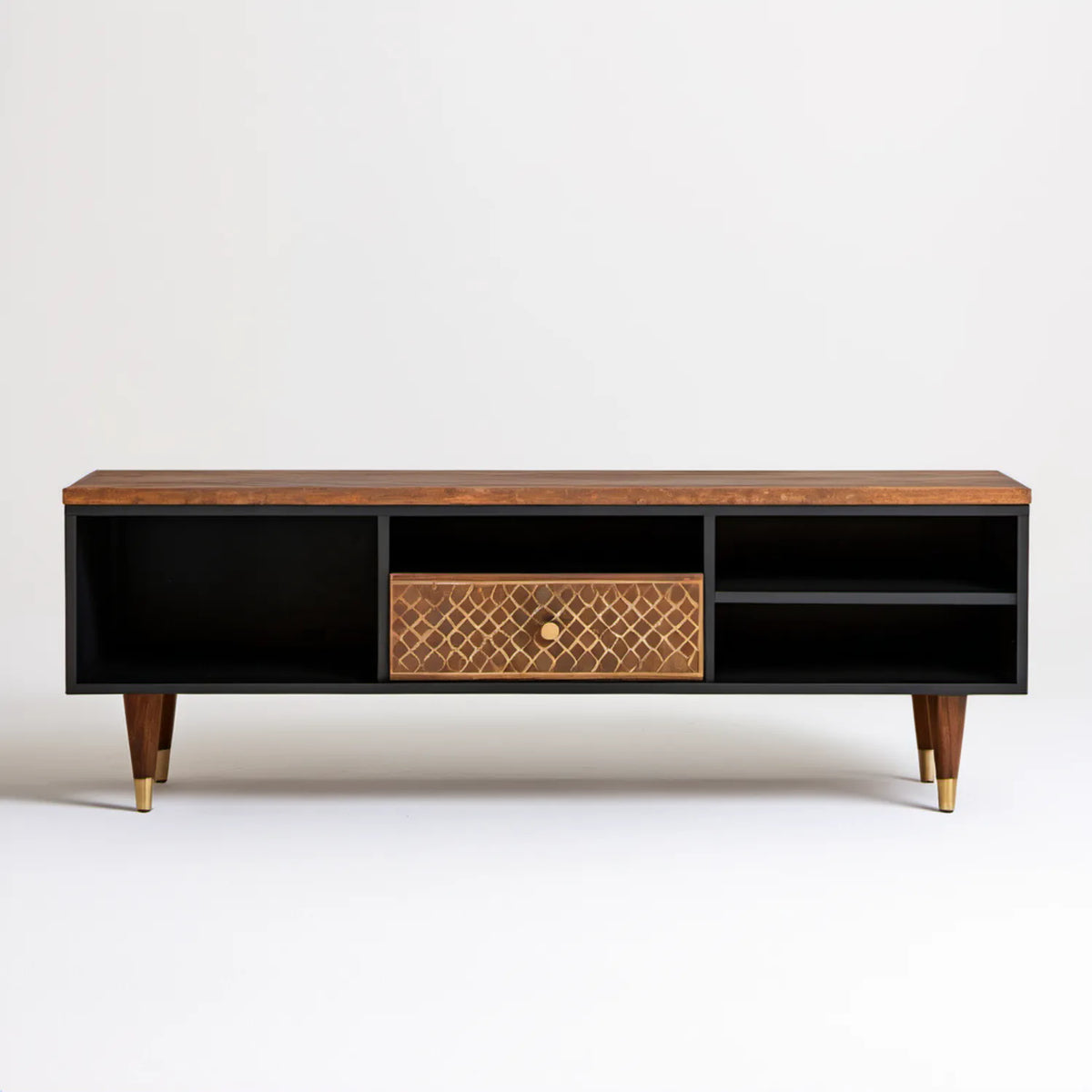 Szafka RTV czarno-orzechowo-złota 140 × 40 × 55 cm z litego drewna i MDF