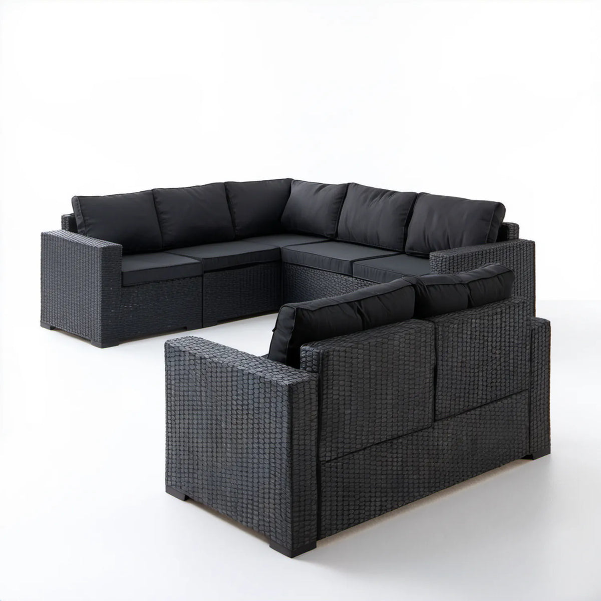 Czarny modułowy komplet wypoczynkowy z technorattanu PE, 280 × 210 × 63 cm