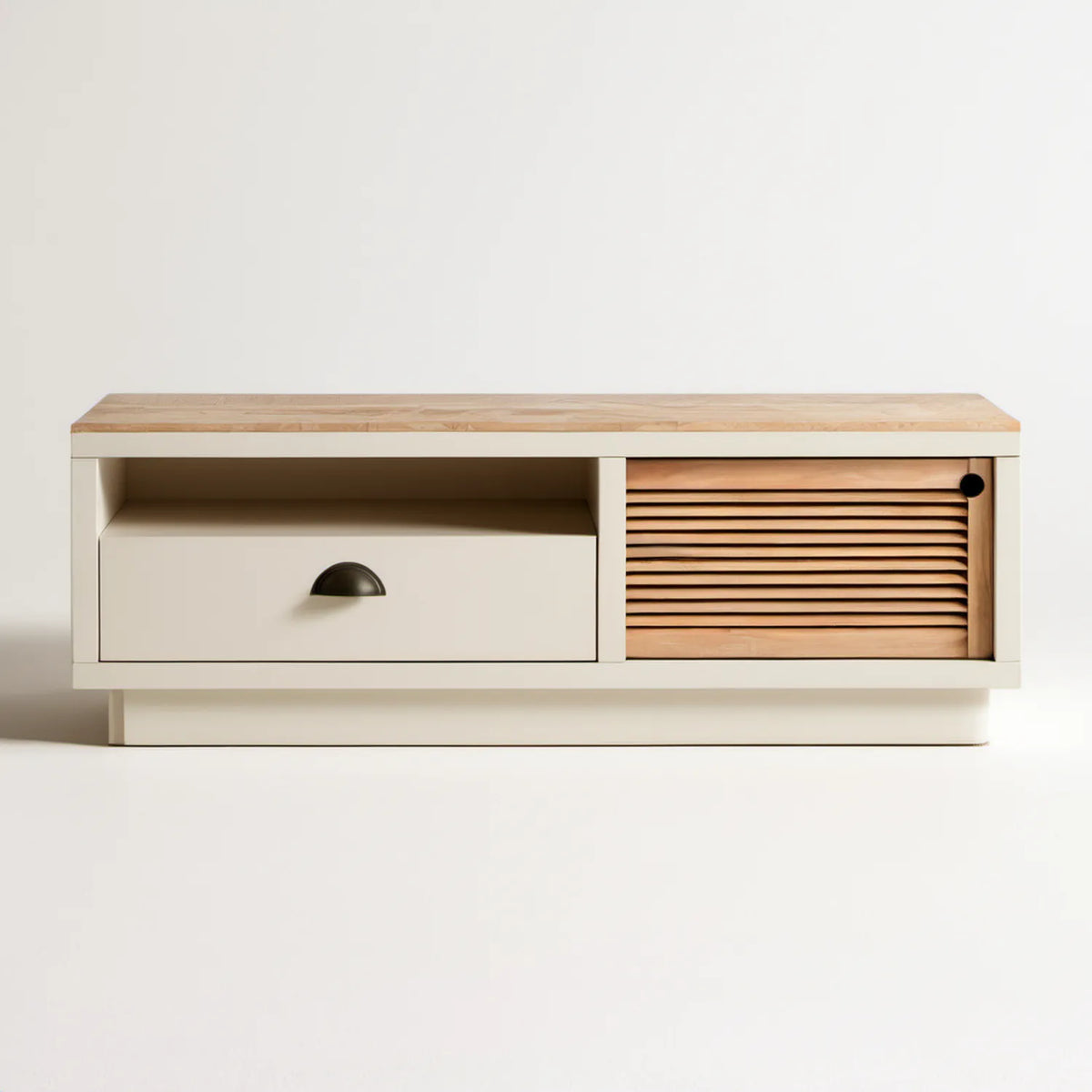 Prostokątna szafka RTV kremowa i naturalny brąz 120 x 40 x 55 cm z MDF i drewna sosnowego