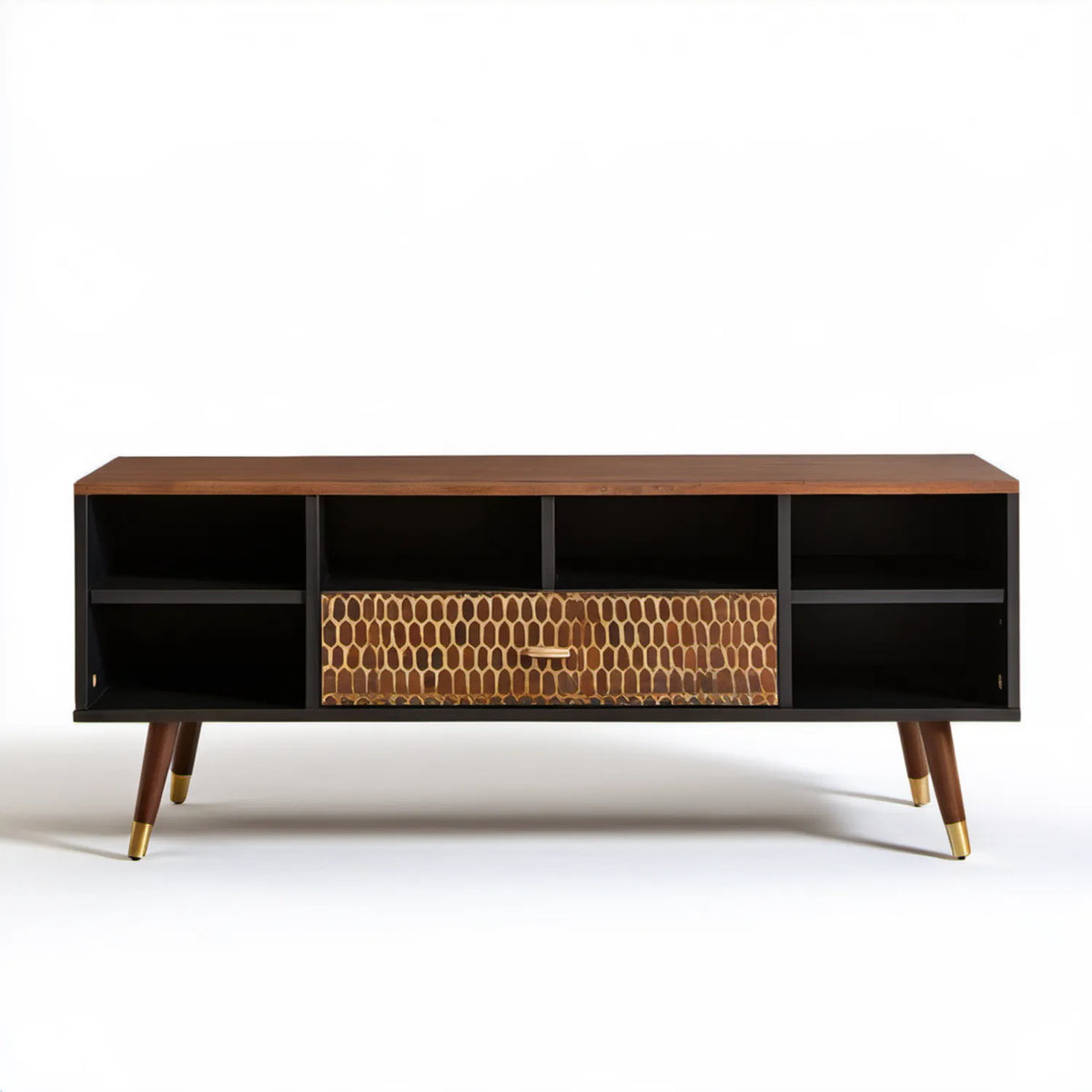 Szafka RTV retro 140 x 40 x 60 cm brązowo-czarna ze złotymi detalami
