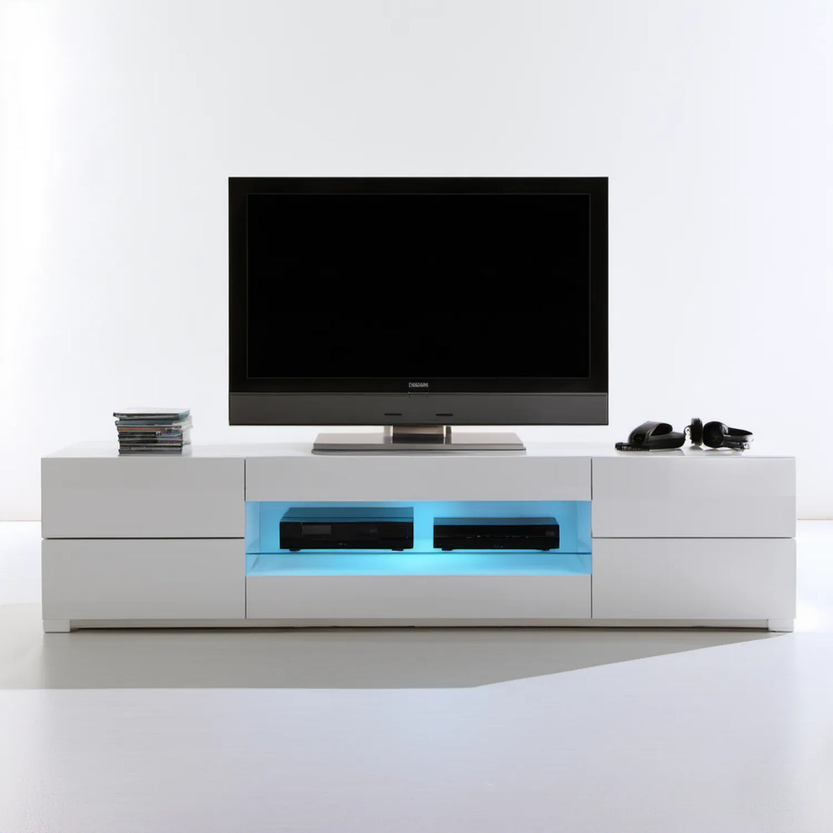 Biała szafka RTV z niebieskim oświetleniem LED, 180 x 40 x 45 cm