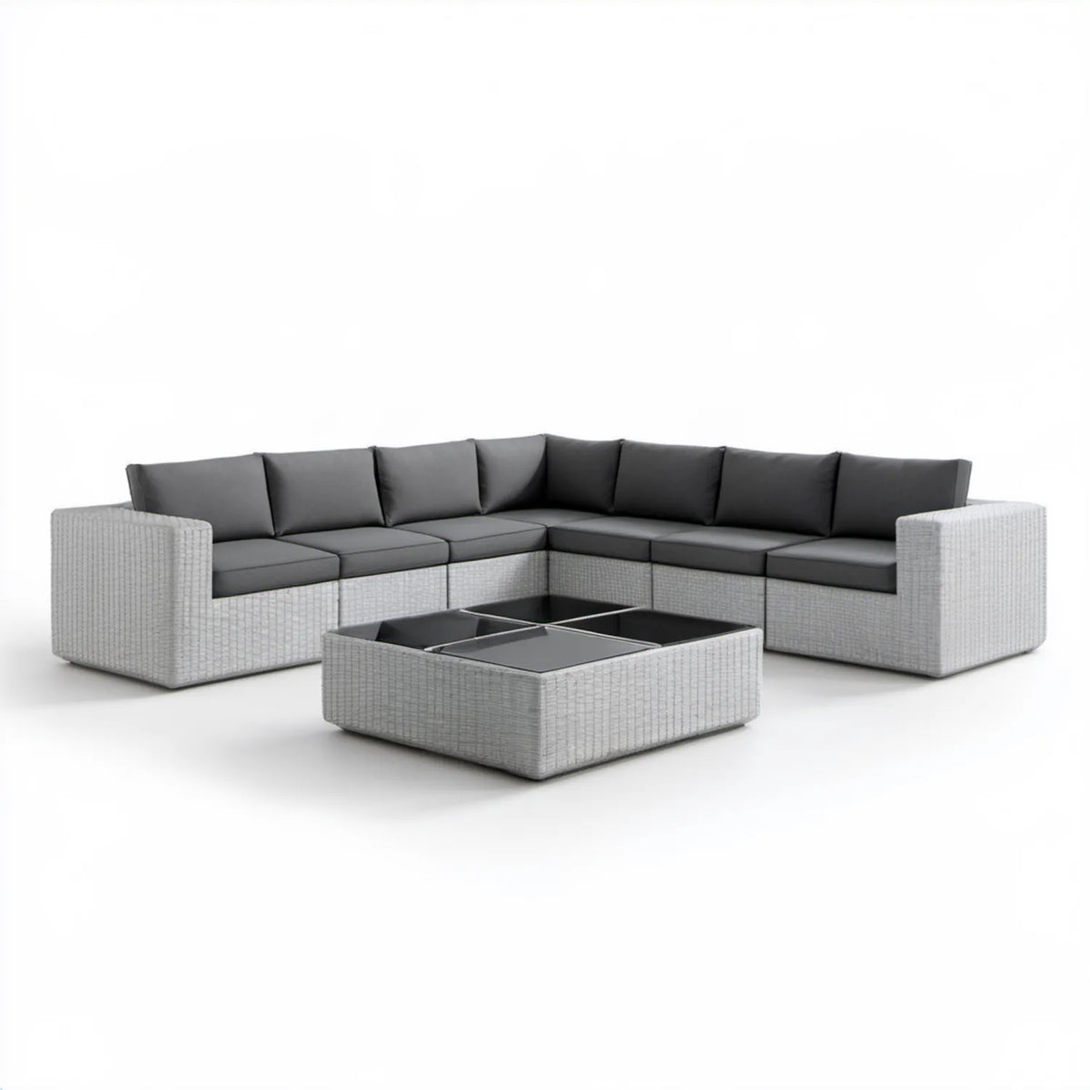 Narożny zestaw wypoczynkowy z rattanu PE 210 x 210 x 65 cm, jasnoszary/czarny, 7 elementów