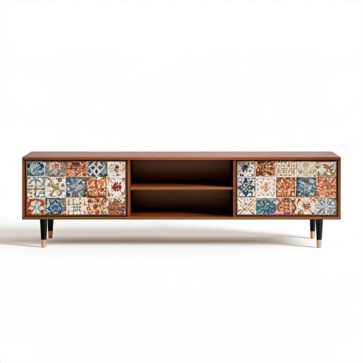 Brązowa szafka RTV retro z ceramicznymi frontami 180 x 40 x 60 cm