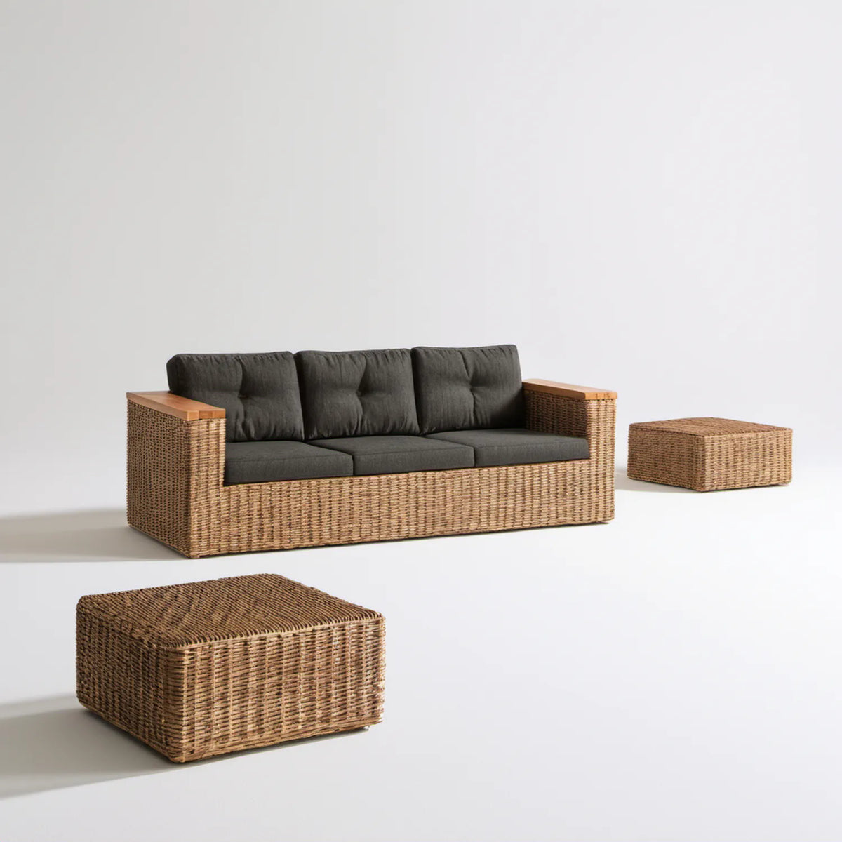 Brązowo-antracytowy zestaw z technorattanu PE z sofą 210 x 80 x 78 cm i 2 pufami 70 x 70 x 35 cm