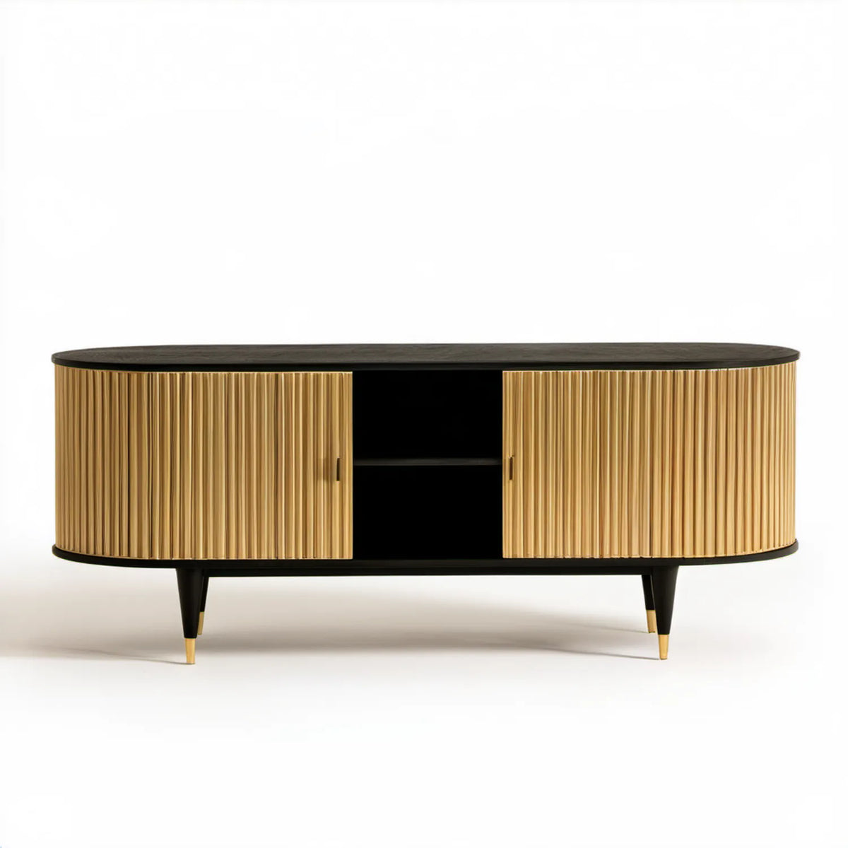 Owalna szafka RTV czarno-złota 160 x 40 x 60 cm z płyty MDF