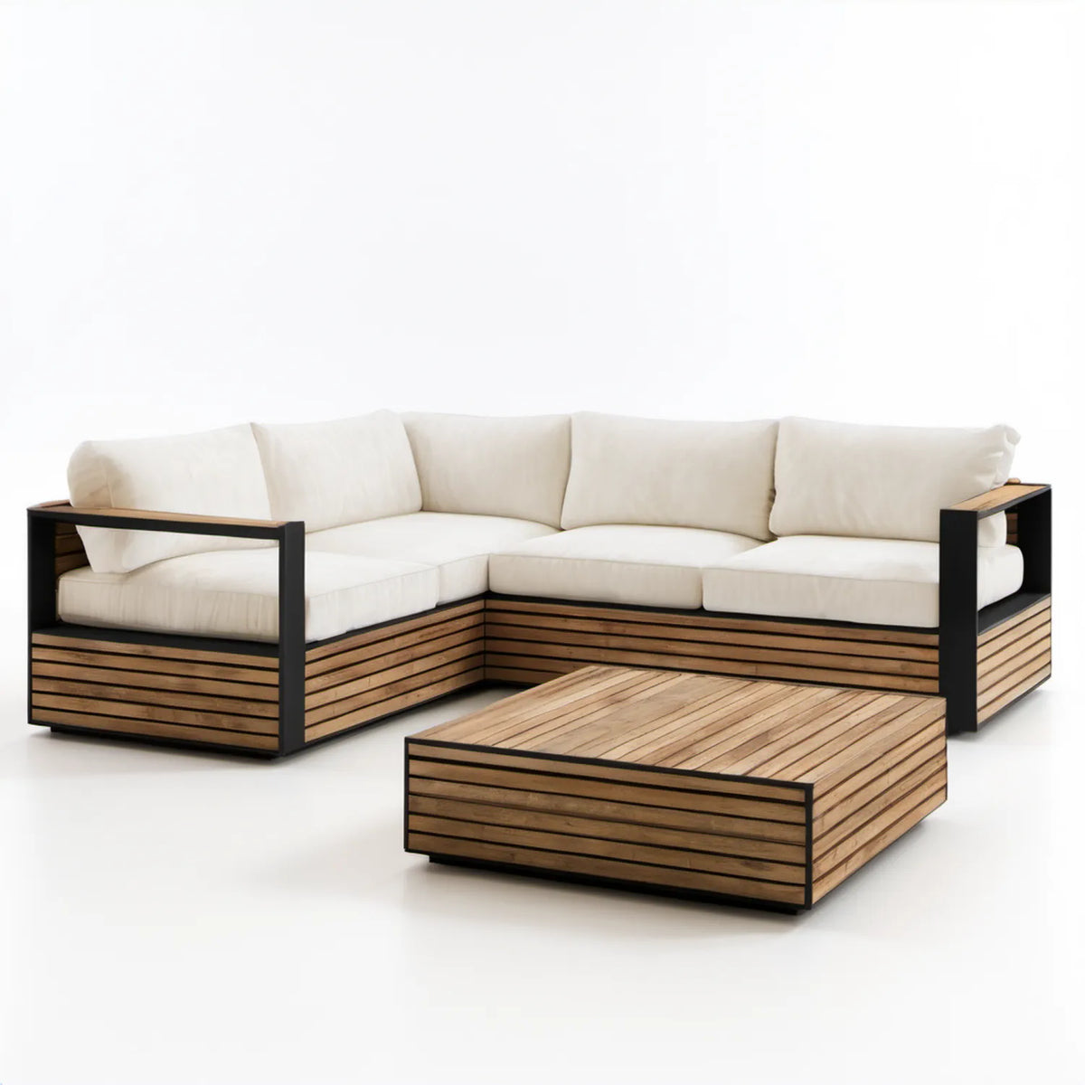 Narożna sofa ogrodowa w kształcie L ze stolikiem, kremowo-brązowo-czarna, 240 x 240 x 70 cm, aluminium, drewno akacjowe i poliester