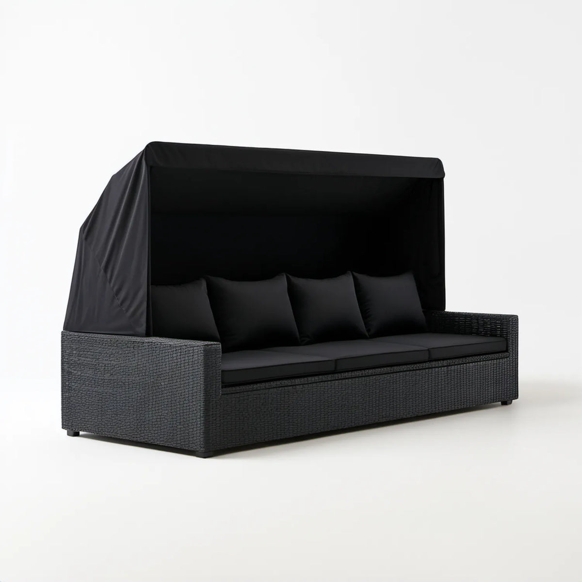 Czarna sofa ogrodowa z daszkiem z technorattanu PE, 200 x 75 x 140 cm