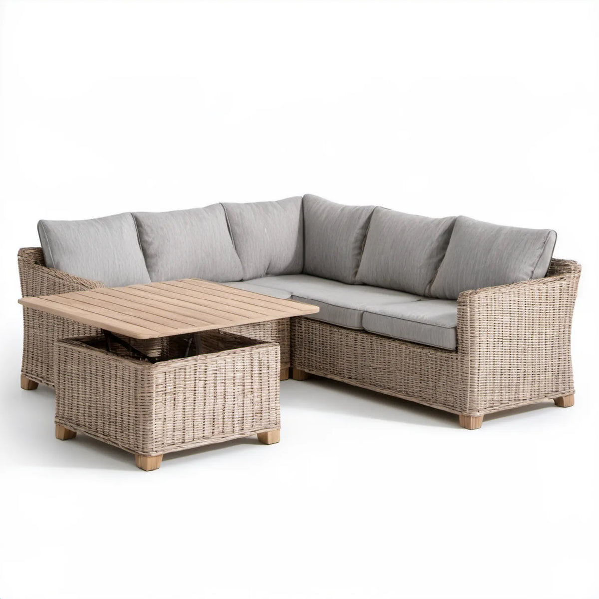 Ogrodowy narożnik z technorattanu PE z regulowanym stołem 210 x 210 x 80 x 82 cm, naturalny/jasnoszary/brązowy